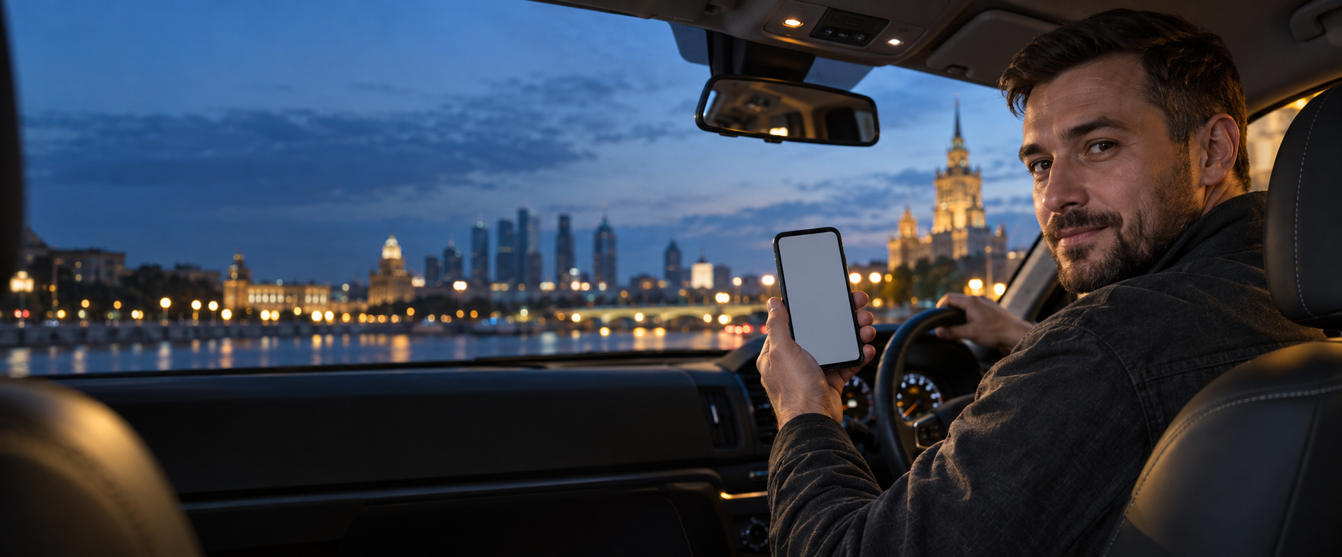 Водитель такси в вечерней Москве держит смартфон